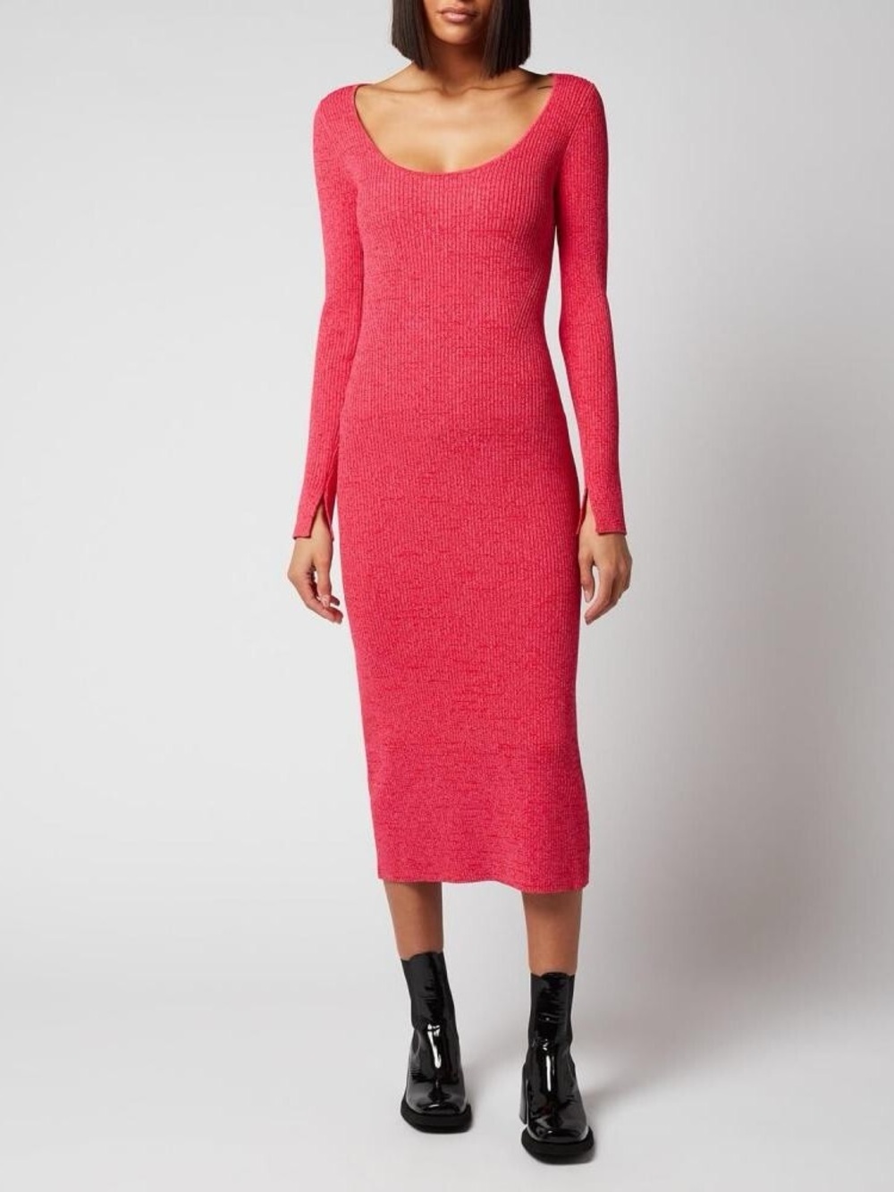GANNI Melange Ribbed Knit Scoop Neck Midi Dress Pink Small